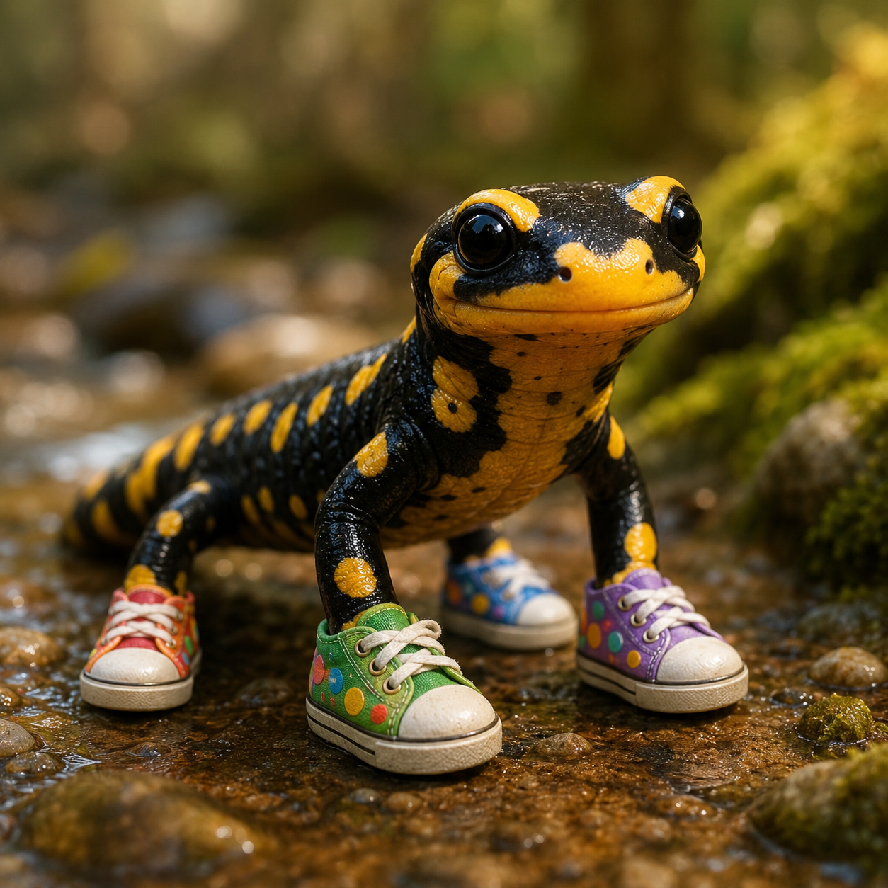 Süßer Salamander mit bunten Schuhen
